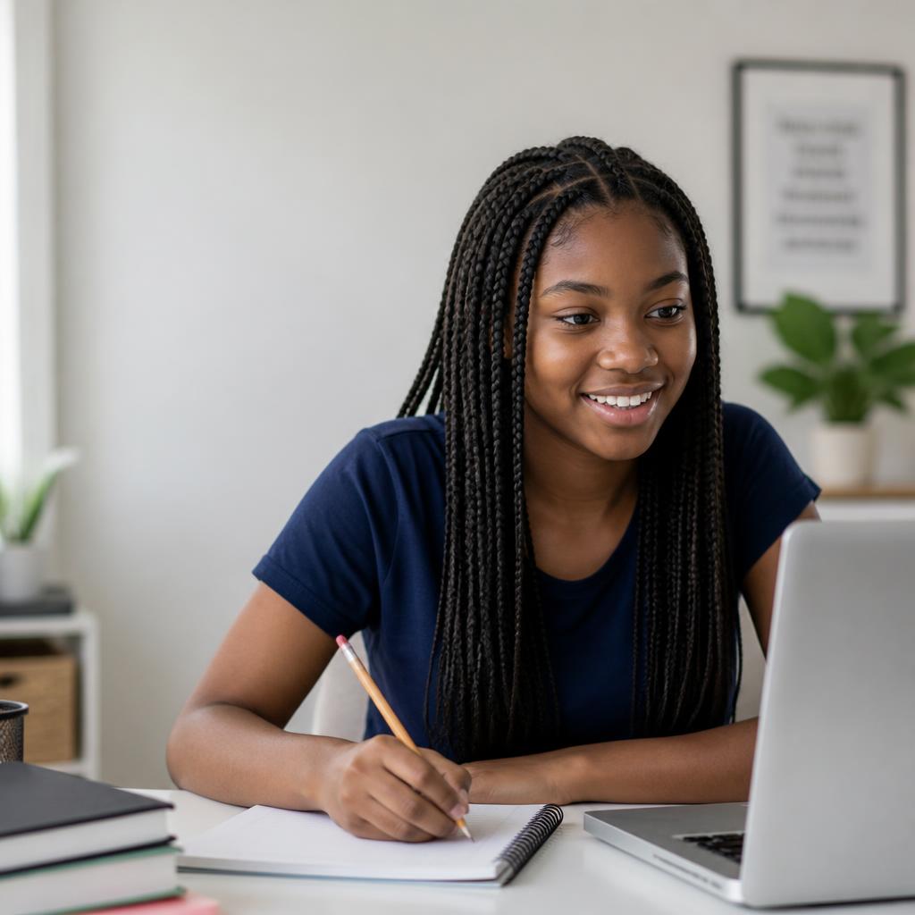 A student smiling while studying math online